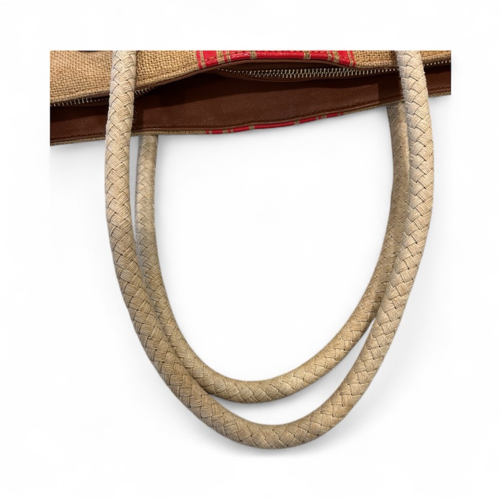 TORY BURCH ELLA NATURAL RED STRIPE CANVAS TOTE VOLCANO BURLAP LARGE NWT - Picture 11 of 14